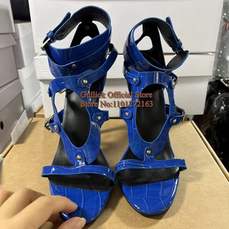 Royal Blue Patent Leather High Heel Sandals Women Pointed Open Toe Cutout Ankle Wrap Stiletto Heels Nightclub Party Shoes view 3