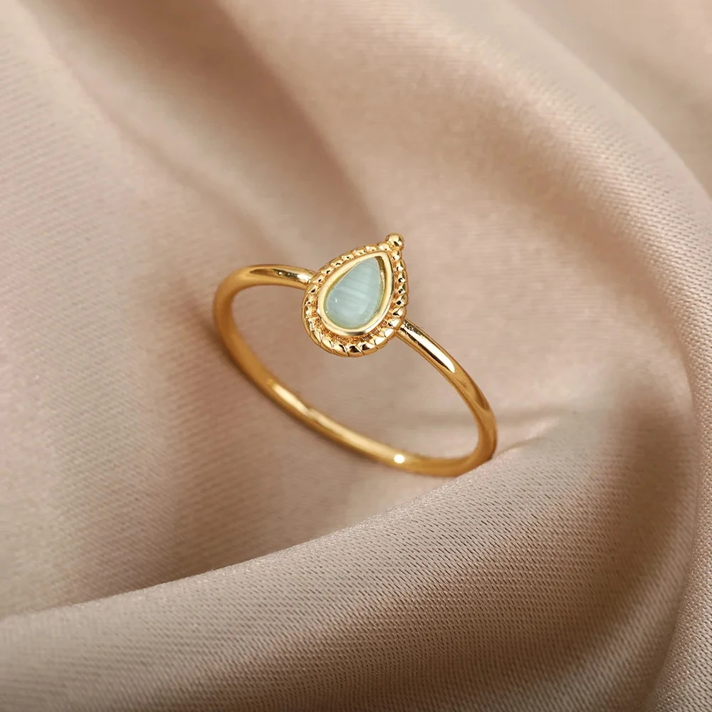 Opal Water Drop Rings For Women Gold Color Stainless Steel Engagement Wedding Ring Female Fashion Finger Jewelry Birthday Gift