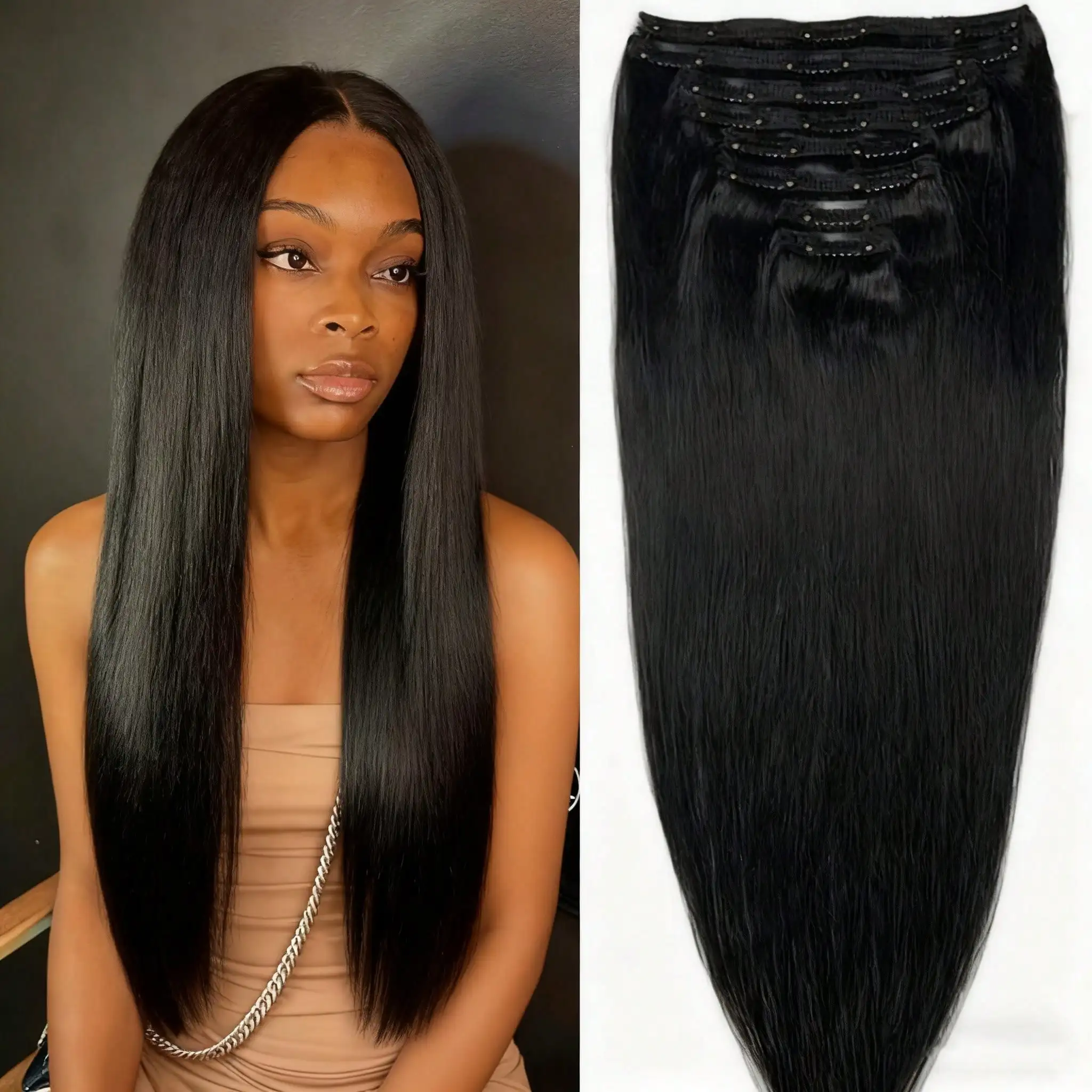 

Набор из 8 прямых накладных прядей из натуральных волос для женщин, 18 клипс, двойной кружевной шов