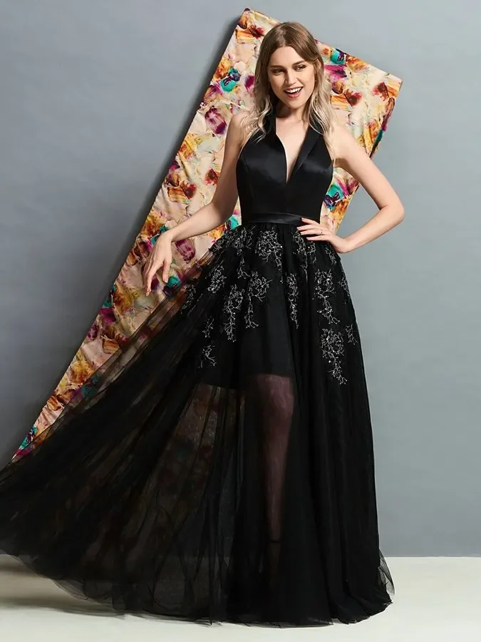 Fashion Sexy Black V-neck backless Evening Dresses Prom Gown  A Line Floor Length Appliqued Tulle Formal occasion party Dress