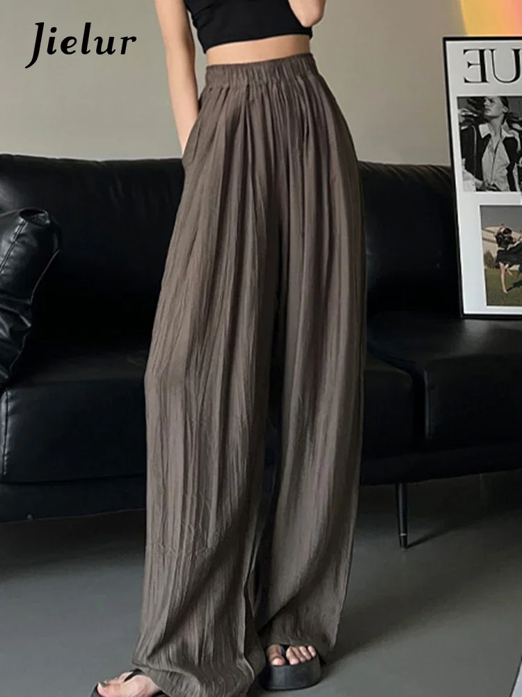 

Jielur Pure Color Straight Loose Female Pants Simple Office Ladies Summer Pleated High Waist Full Length Women's Wide Leg Pants