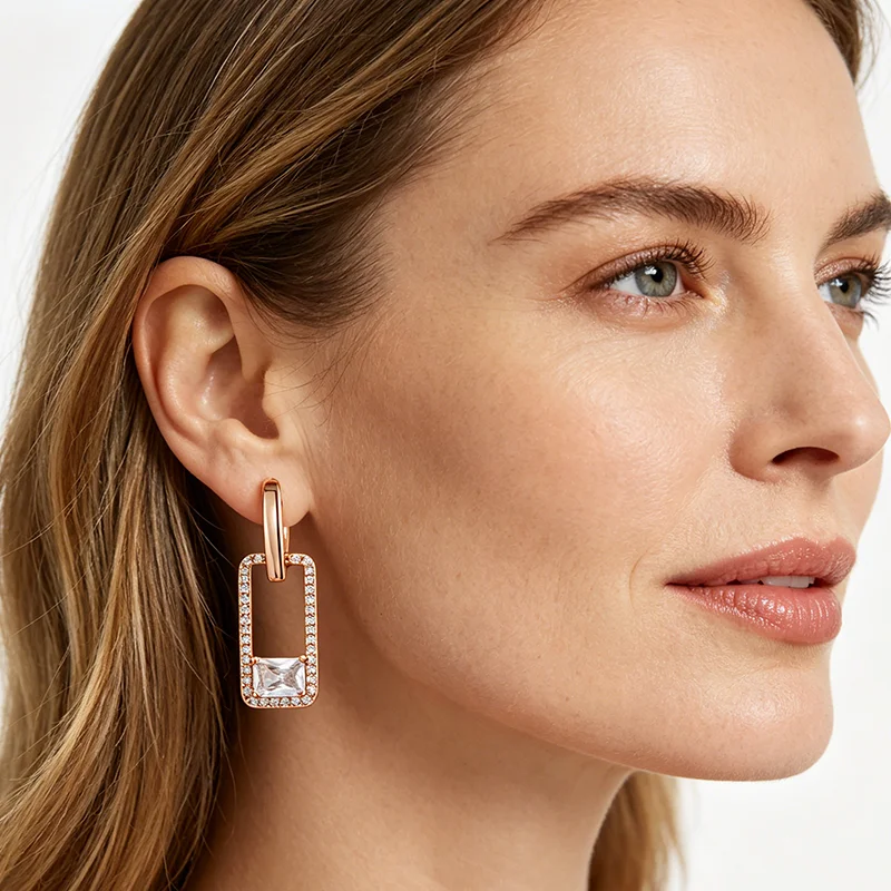 Kinel Hot Square Lange Tropfenohrringe für Damen, modisch, 585er Roségold, glänzend, weiß, natürlicher Zirkon, Accessoires, täglicher Schmuck