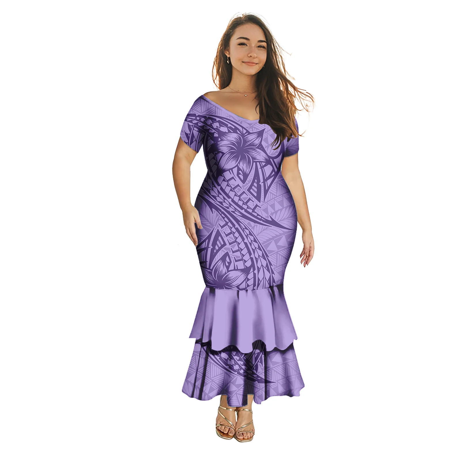 Hawaiian Tropical Pattern Cascading Ruffle Skirts Ladies Island Dress Fashion Sexy Women Samoan Dress Polynesian Clothes Custom