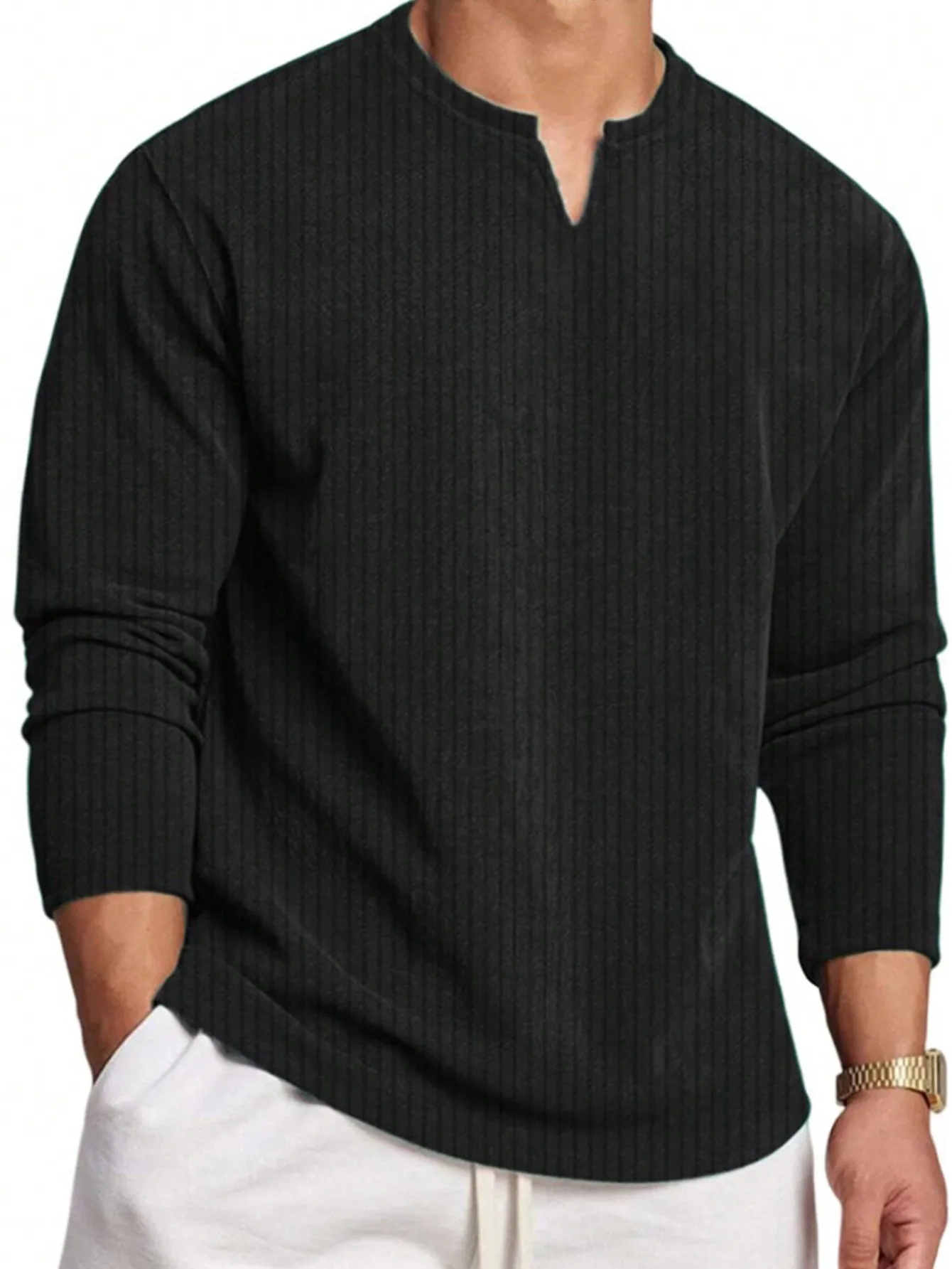 

Men's Ribbed V-Neck Long Sleeve Knit Top, Loose Fit Casual Shirt for Spring Autumn Layering