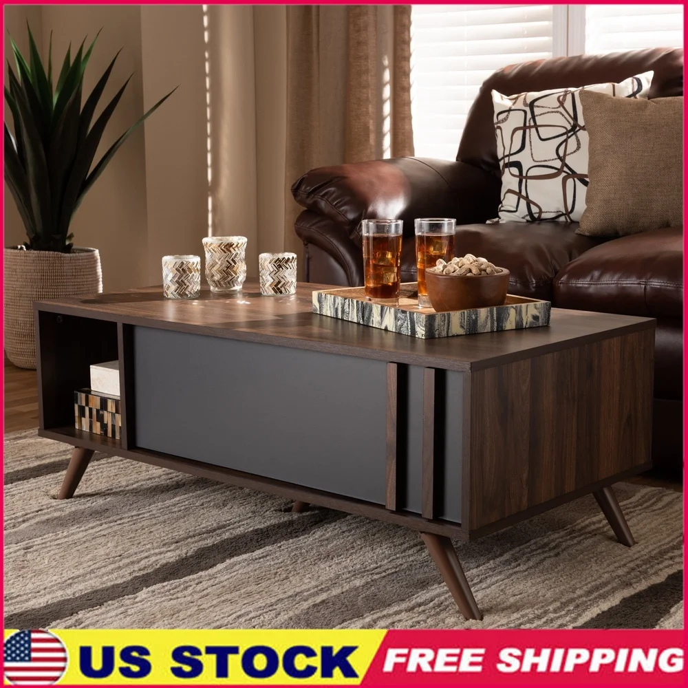 

Современный двухцветный журнальный столик из серого ореха с ящиком для хранения и полками. Сборка в помещении. Современный дизайн. Разделенный.