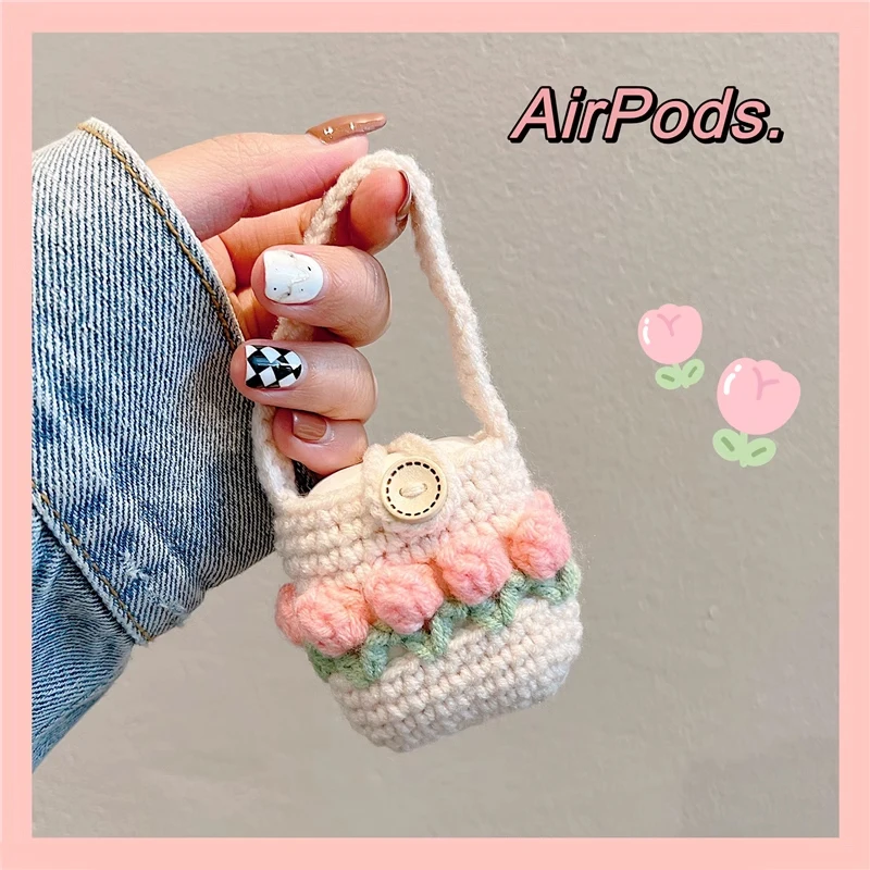 Knitted Tulip Protective Case for Airpods1\2\3\pro Plush Soft Shell Wireless Bluetooth Headset Fashion Jewelry