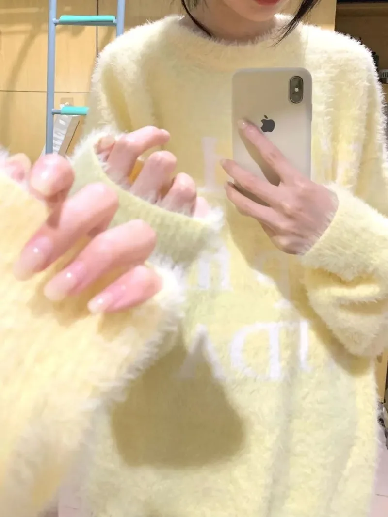 

Yellow Sweaters Mink Cashmere Women Long Sleeve Y2k Sweet Letter Jacquard Pullovers Mori Girl Style Japanese Sueter Mujer
