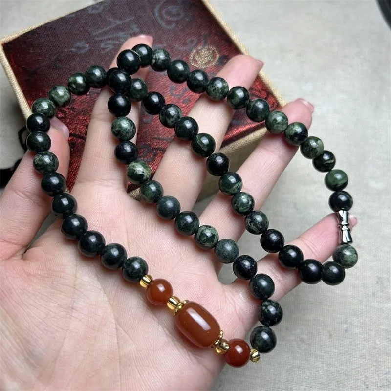 

Natural Medicine King Stone Necklace Round Bead Dark Green Jade Hanging Chain Ethnic Style Chain Retro Accessories Couple Style