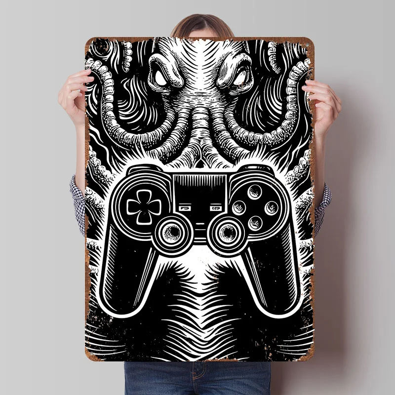 Gaming Tentacle Art Tin Plaque Poster Customized Wall Art Retro Vintage Metal Signs for Man Cave Bed Room Decoration Cozy Decor