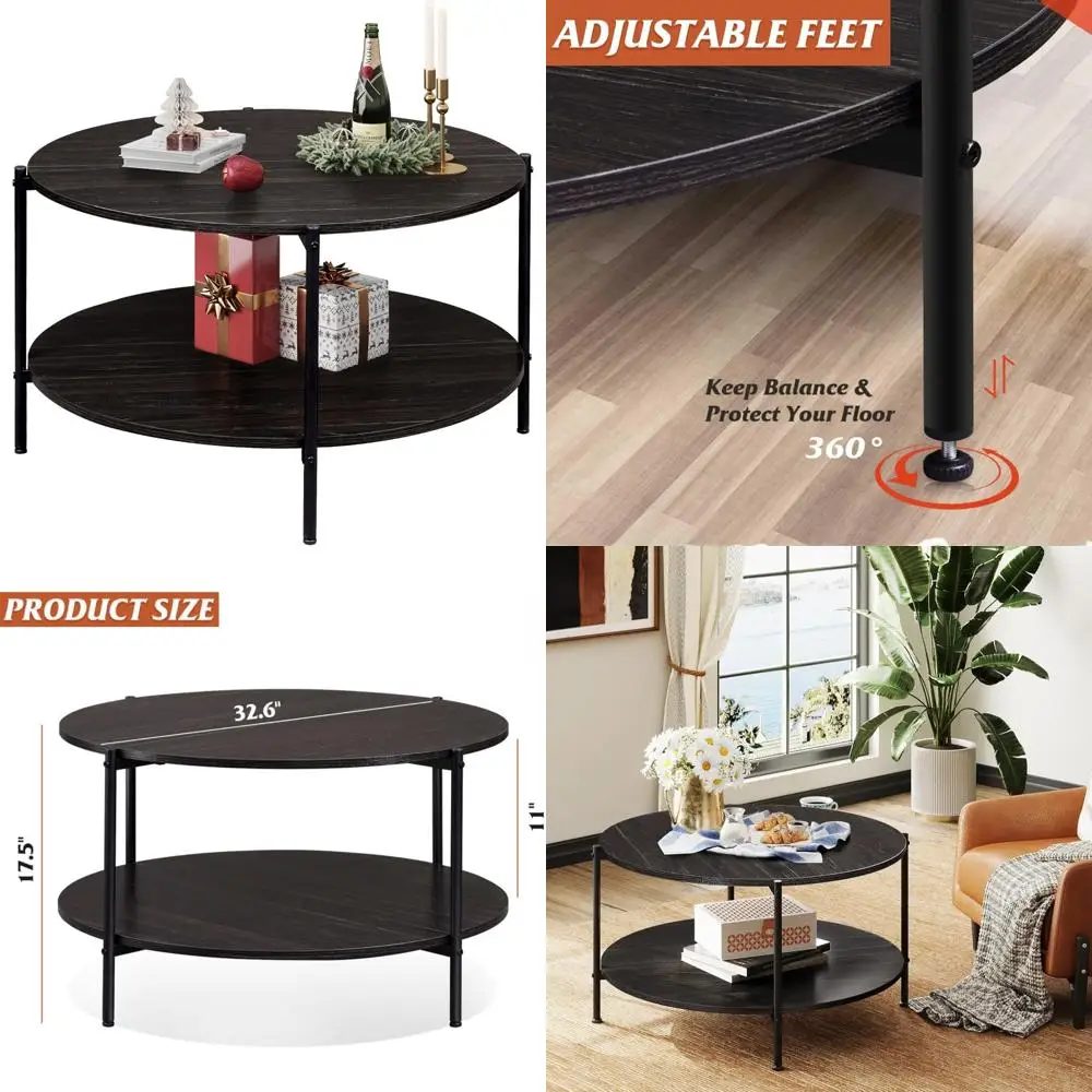 Industrial Style 2-Tier Round Coffee Table with Open Storage Shelf for Living Room, 32.6 Small Space-Saving Wooden Centerpiece