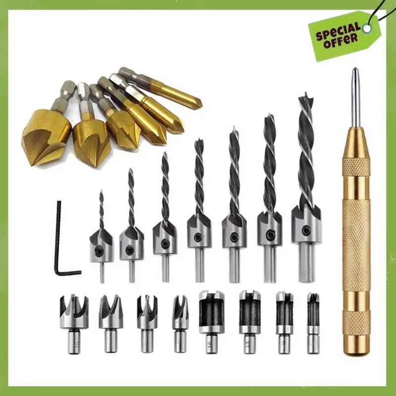 Classy-23Pcs Wood Plug Cutter Hexagonal Handle Five-Edge Chamfering Set Silver&Black&Gold