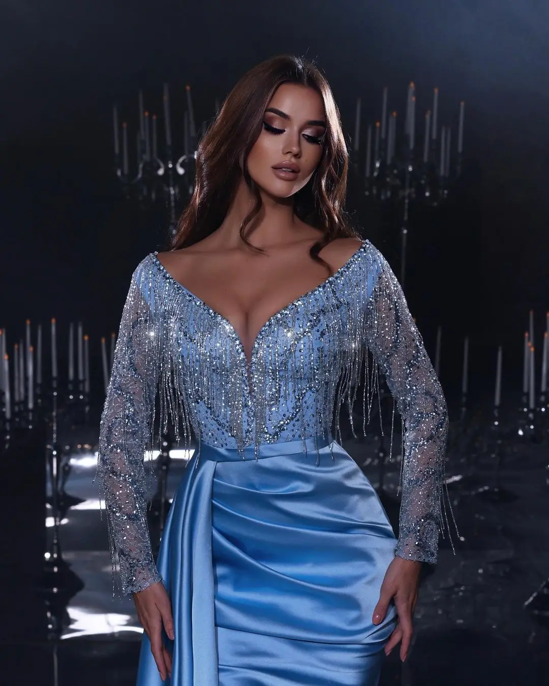 Fashion Gorgeous Floor-length Fishtail Blue V-Neck Sequin Rhinestone Split Long Sleeve Prom Dresses