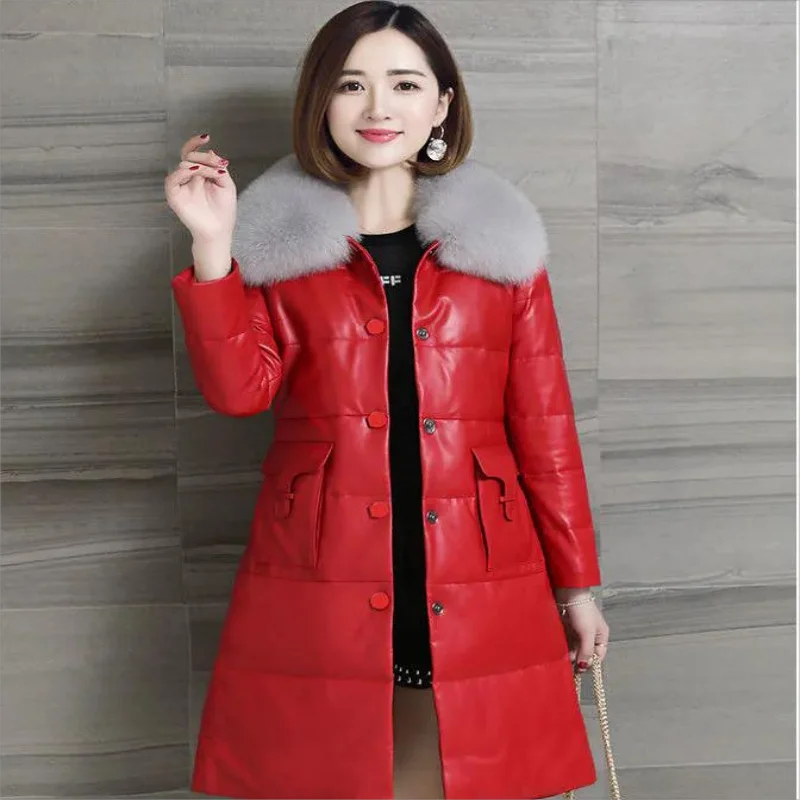 2024 New PU leather Coat Fur Imitation Fox Fur Collar Women's Jacket Mid-length Plus Cotton Thick PU Leather Slim Jacket