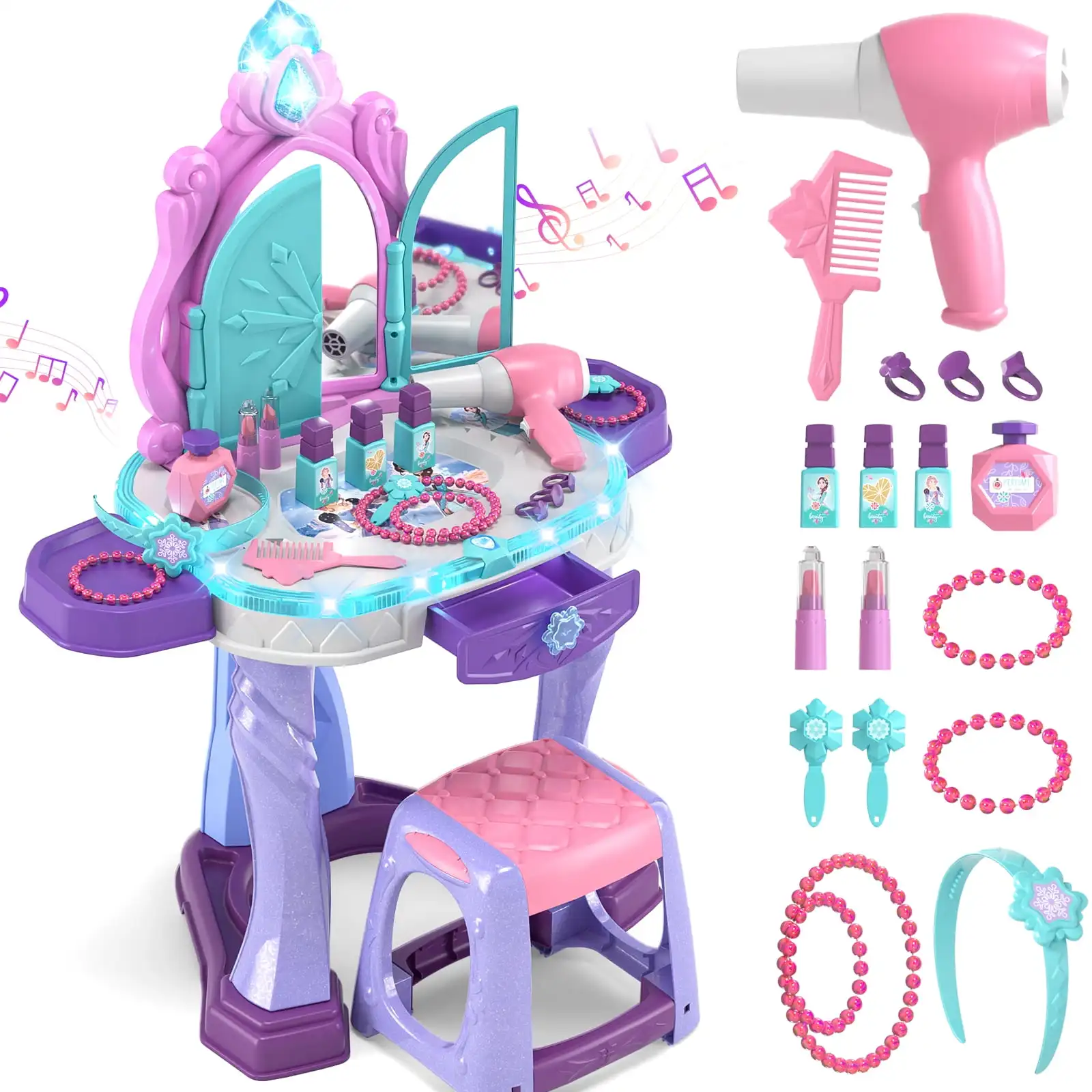

Toddler Vanity Makeup Table with Mirror and Chair, Toddler Kids Vanity Set with Music Sound & Light Magic and Accessories