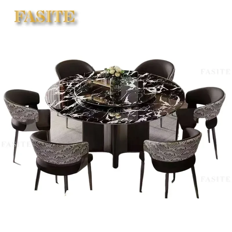 For Round Natural Black Marble Dining Table Set with Turntable Italian Style Household Kitchen Furniture Chairs Included