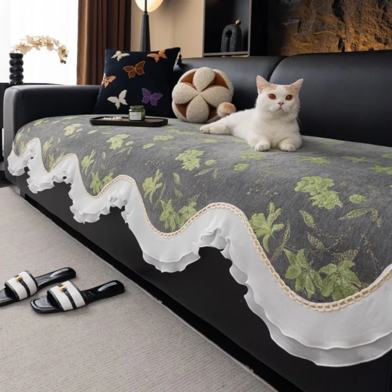 

2025 Chenille Sofa Seat Pads Mid-Century Frech Style Non-Slip All-Season Cushion Covers Vintage White Lace Armrest Pad Mats