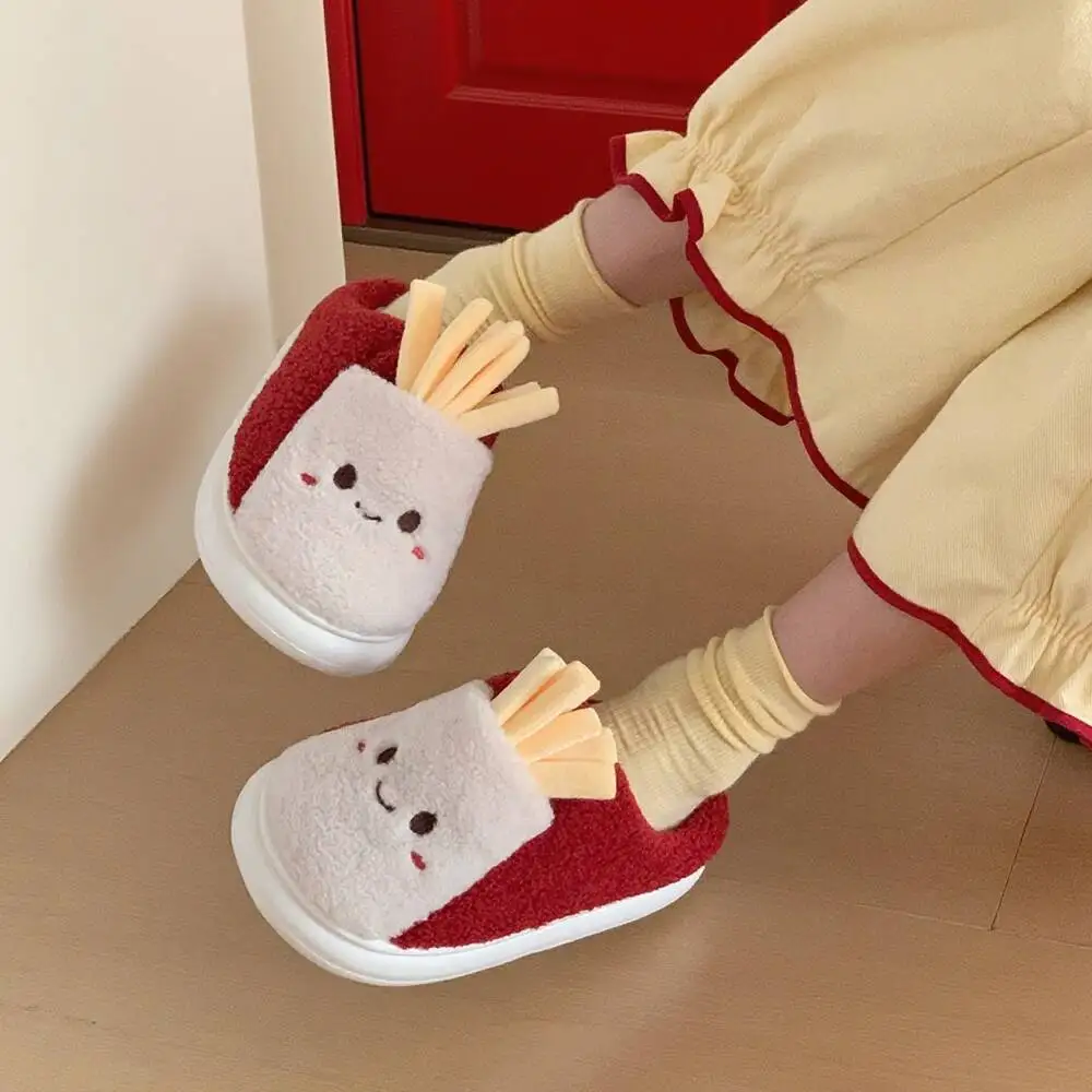 

2025 Winter Cotton Home Slippers Cute French Fries Design Anti Slip Warm Indoor Household Bedroom Slippers Shoes For Men Women