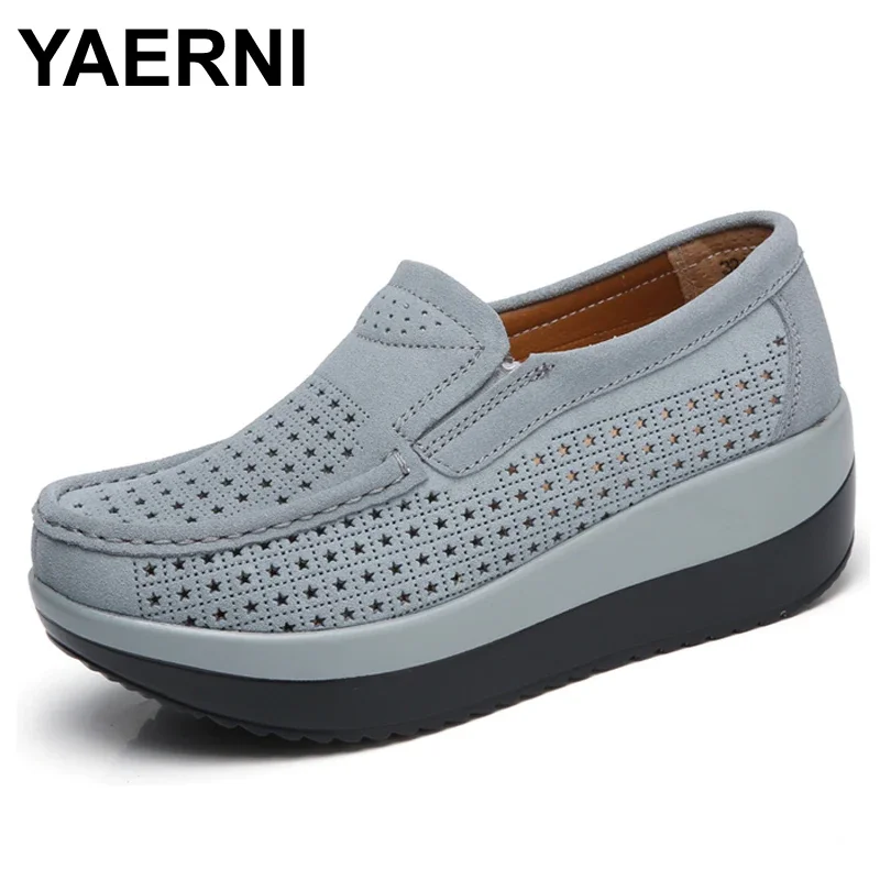 

YAERNI spring women flat platform loafers shoes ladies suede leather hollow casual shoes slip on flats Moccasins creepers 8