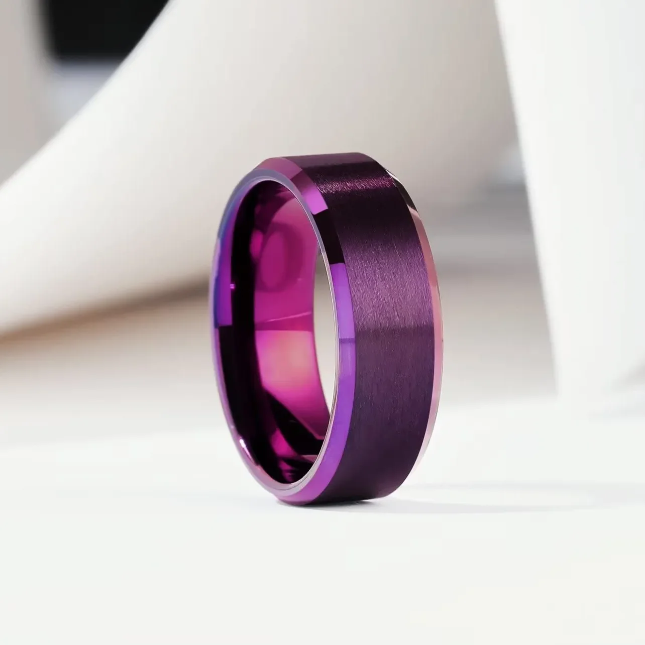 8mm Simple Purple Stainless Steel Ring with Matte Finish Beveled Polished Edge - Unisex Wedding Band Jewelry
