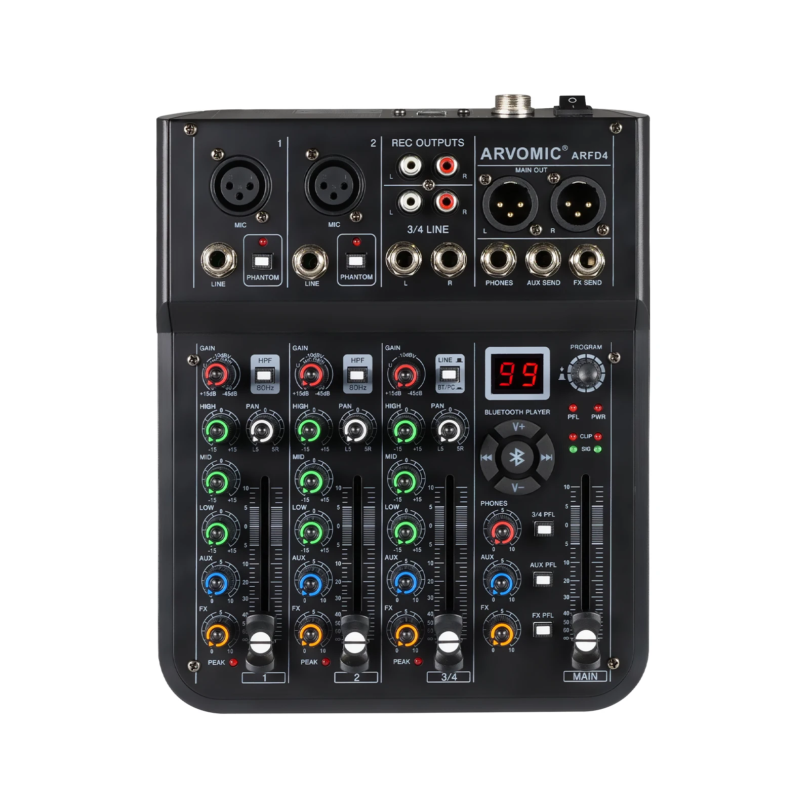 4-Channel Audio Mixer, ARVOMIC Professional DJ Mixer with 99 DSP Effects, USB 2.0 Jack, Bluetooth Function & USB Audio Interface