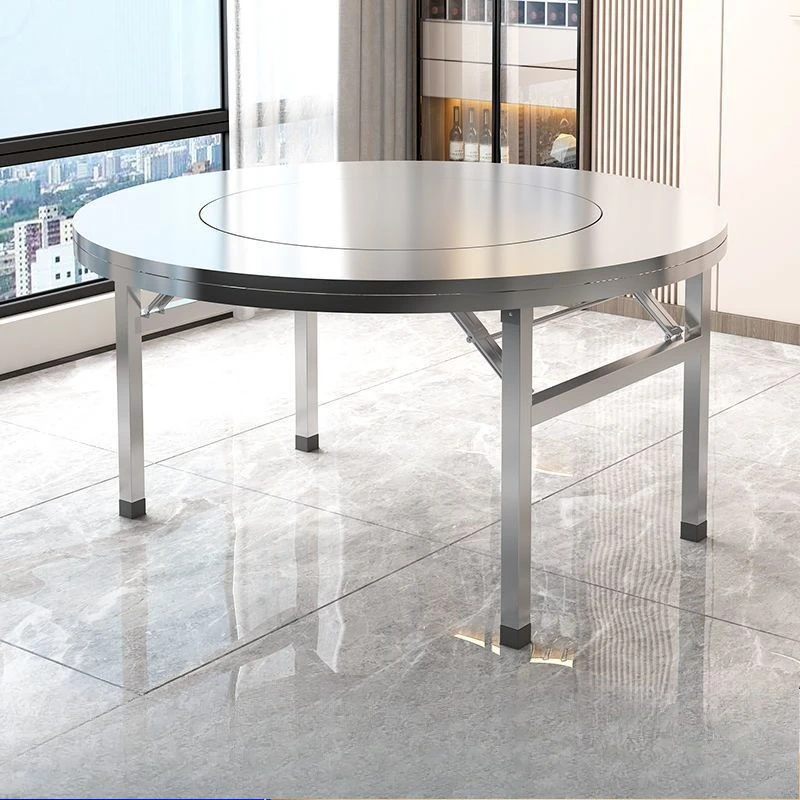 Stainless steel large round table folding household turntable table outdoor barbecue running water mat large food stall eating