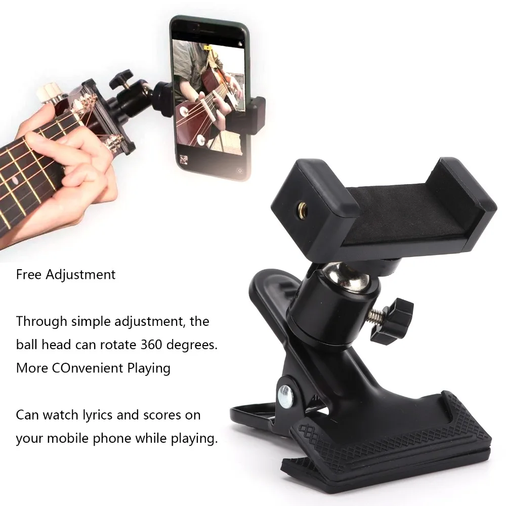 360° Rotatable Guitar Phone Holder Clamp Design Black Headstock Phone Mount Plastic + Metal Phone Holder Mount For Viewing