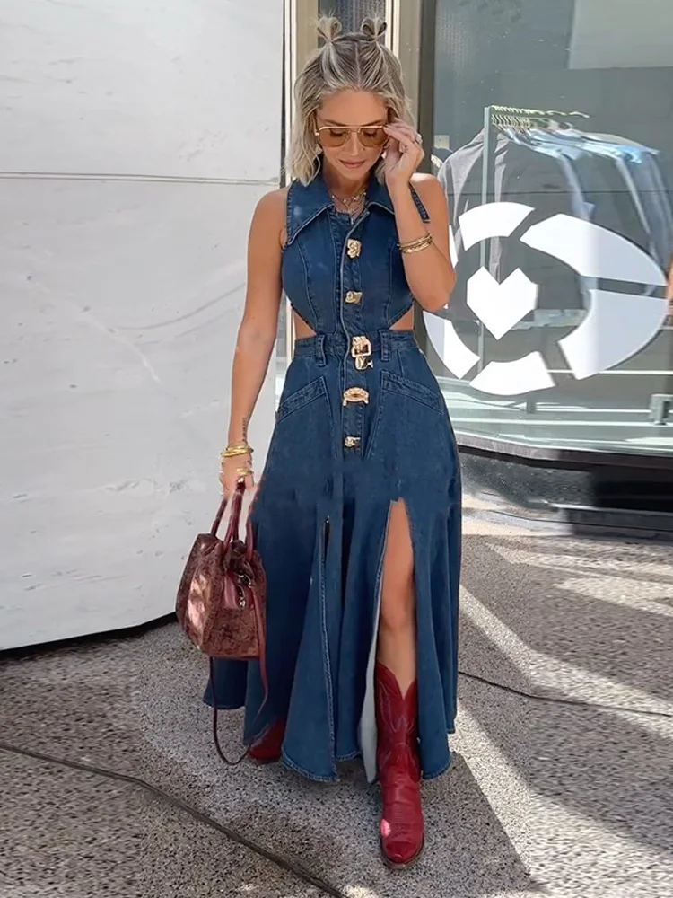 Split Hollow Out Denim Dress Lapel Slim Fit Robes Big Skirt Hem Golden Button Cowboy Long Dresses Streetwear Odzież damska