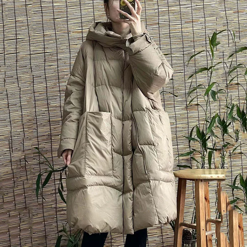 2026 outono inverno quente outwear estilo coreano grandes bolsos feminino pato branco para baixo jaqueta longa com capuz solto sobre o tamanho casaco