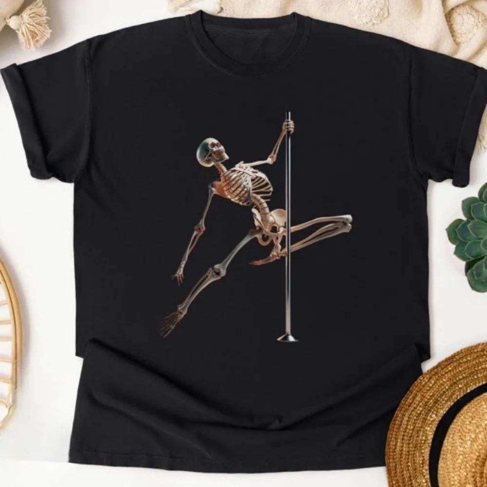 Pole Dancing Shirt Personalized Halloween Skeleton Pole Dancer Tee Gothic Pole Fitness Gift Aerial Arts T-Shirt