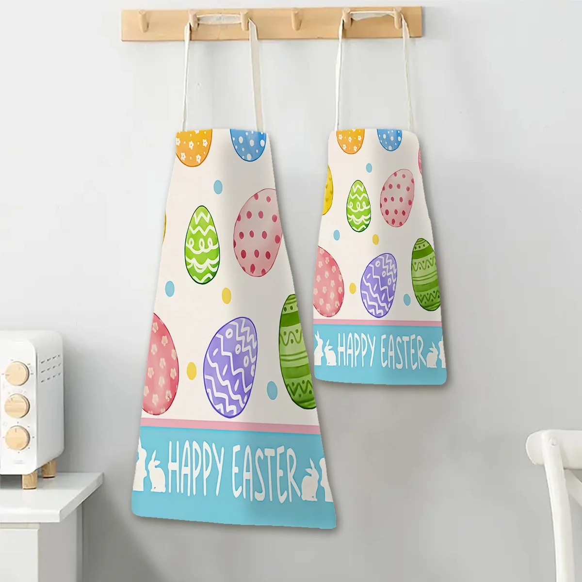 1pc Easter Apron Happy Easter Eggs Bunnies Print Holiday Party Kitchen Baking Gift