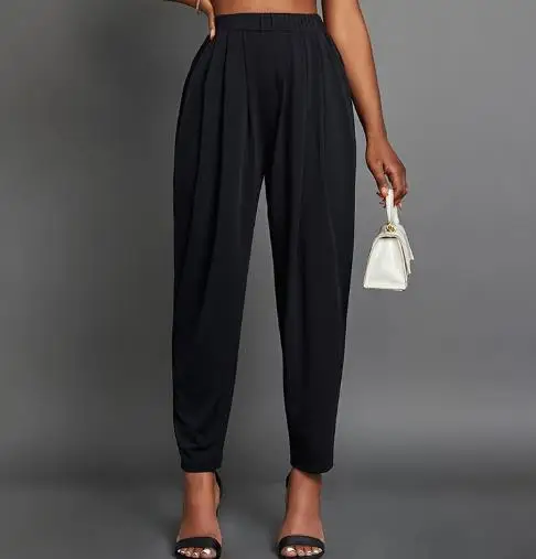

Elegant and Loose Pleated Elastic Waistband Tapered Women's Solid Color Commuting Pencil Pants