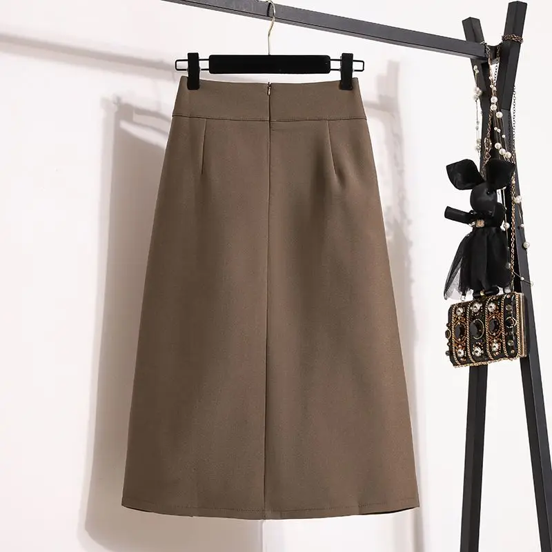 New Spring and Autumn Women\'s Solid Colors High Waist Loose Zipper Bag Hip A-Line Sashes Split Fashion Casual Commuter Skirt