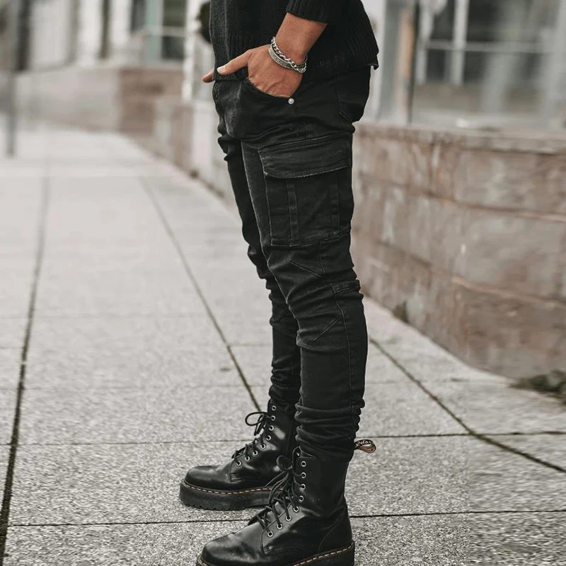 

Мужские новые маленькие тонкие уличные джинсы с несколькими карманами, мужские модные повседневные эластичные джинсовые брюки-карандаш, однотонные винтажные брюки