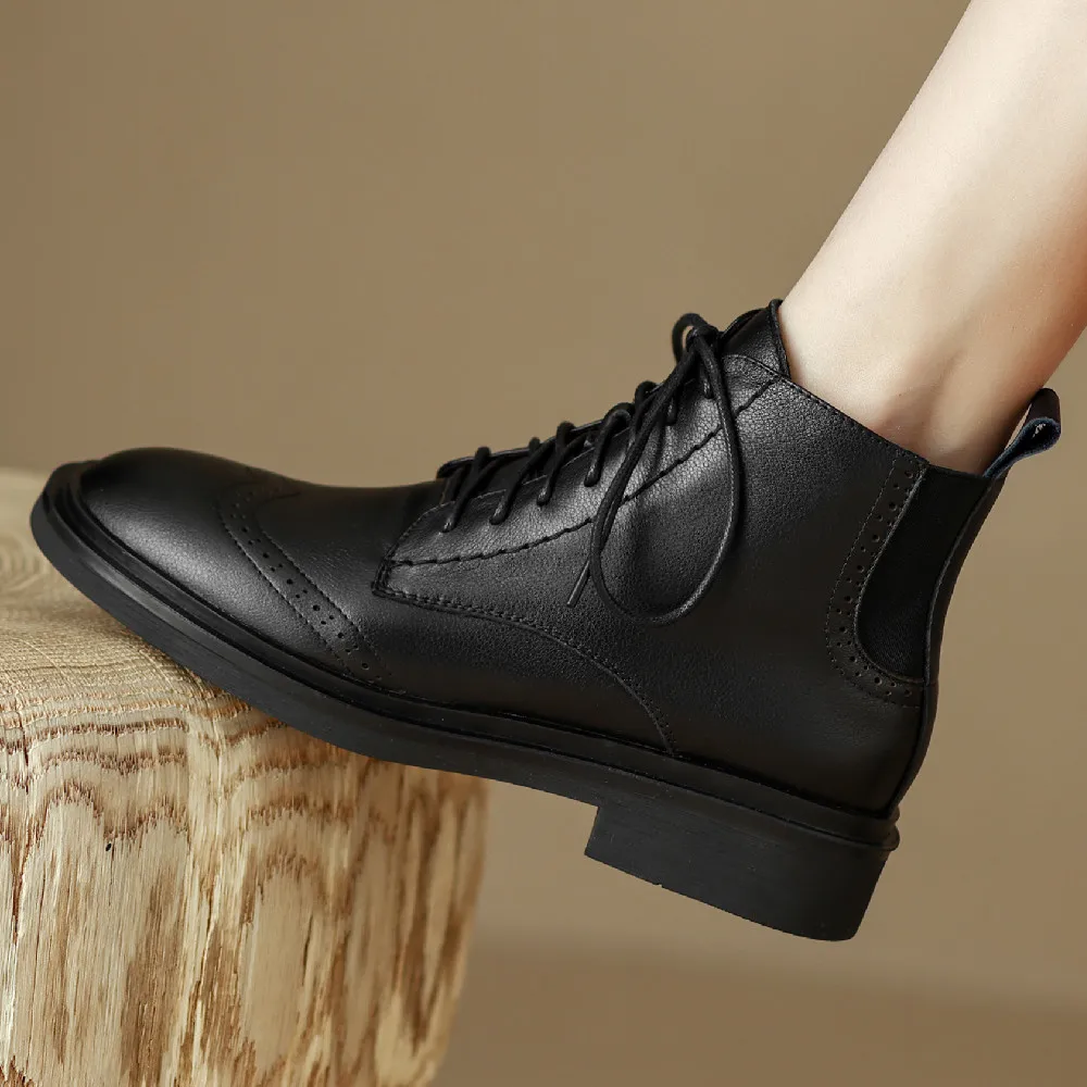 

Women's lace-up ankle boots round toe side zip genuine leather casual female autumn short boots casual shoes for women 2023 new