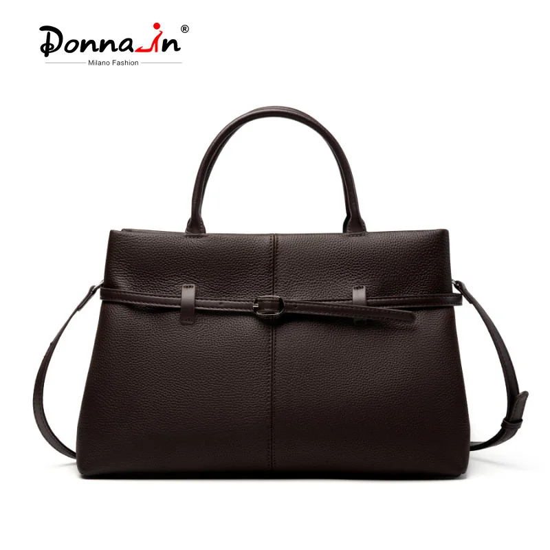 Donna-in Leather Top Handle Tote Bag for Work First Layer Full Grained Cowhide Handbag Silver Hardware with Shoulder Strap