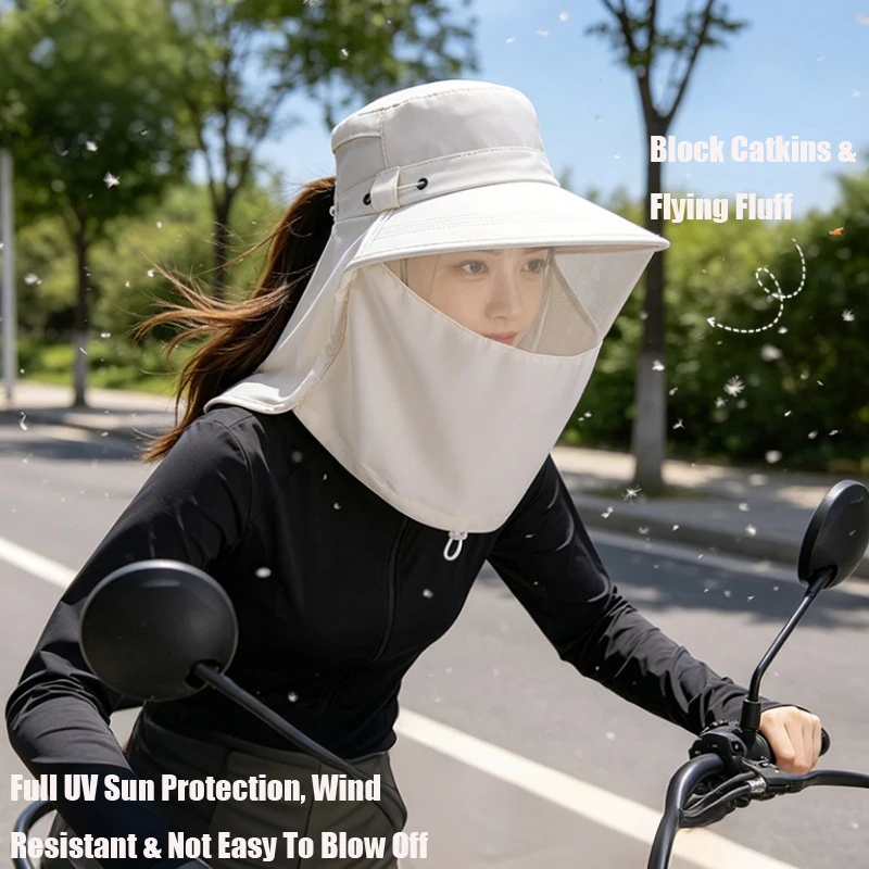 Damen UV-Schutz Sonnenhut mit Gesichts- und Nackenschutz, Pferdeschwanzöffnung, winddicht, mückensicher, Fischerhut für Radfahren, Angeln, Outdoor