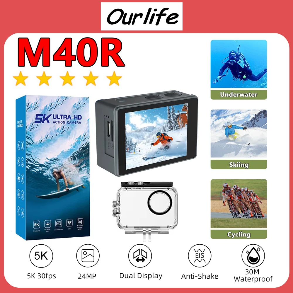 

5K Ultra HD Ourlife M40R Sport Camera IPS Touch Screen 5X Digital Zoom EIS Stabilization WiFi 170° 30M Waterproof Action Cam