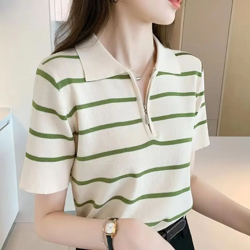 

Women Clothing Summer Fashion Casual Zipper Contrasting Colors Polo Collar Ladies Simplicity All-match Striped Short Sleeve Tops