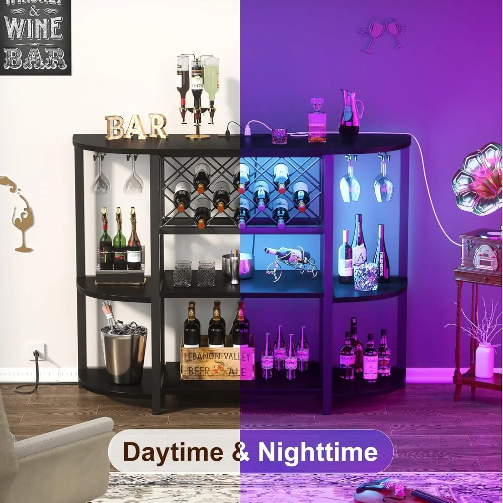 4-Tier Metal Coffee Bar Cabinet with Outlet and LED Light, Freestanding Floor Bar Table for Liquor with Glass Holder Storage,