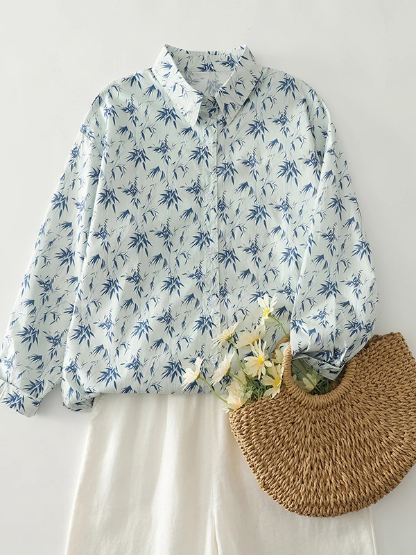 

Retro Style Bamboo Leaf Print Loose Fit Long Sleeve Pure Cotton Shirt Women's Spring Fashion New Arrival Breathable Comfortable