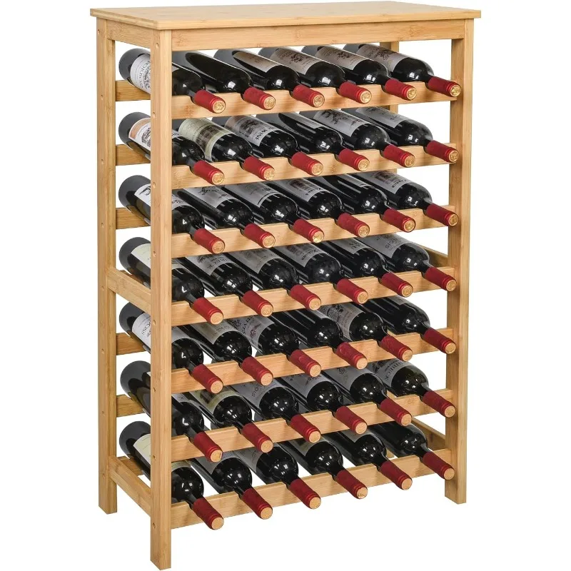 Rack de vinho de bambu com mesa, prateleira de armazenamento de vinho para cozinha, bar, piso autônomo, 7 camadas, 42 garrafas, 7 camadas