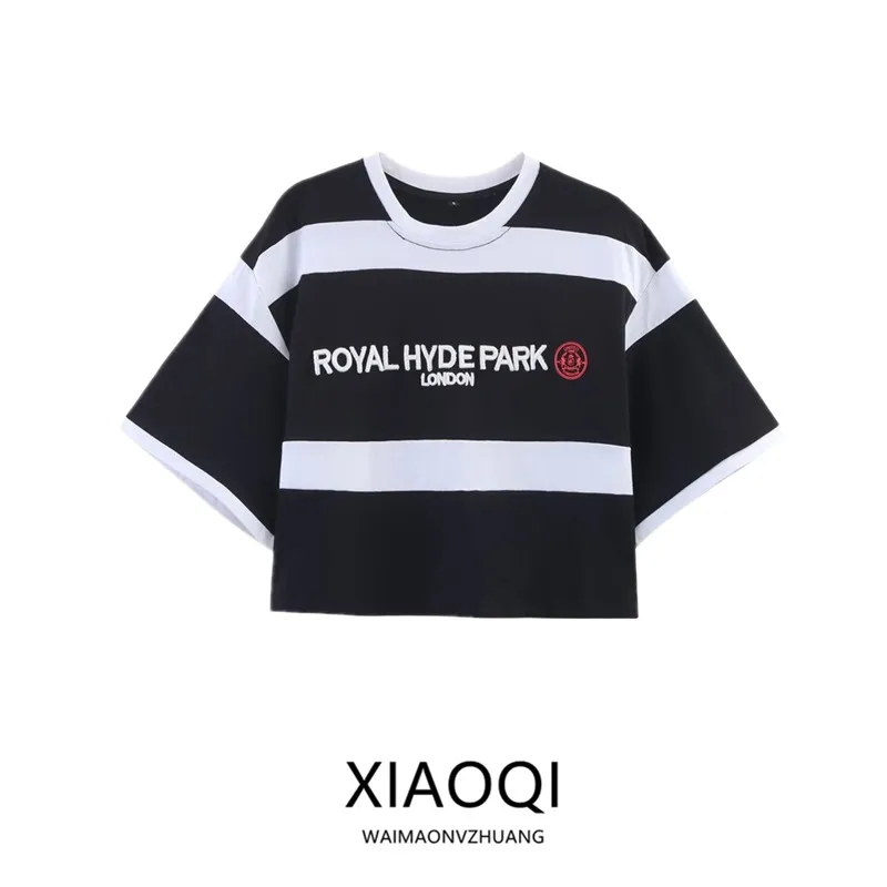 2025년 여름 신상 여성 티셔츠 자수 스트라이프 드레이프 숄더 반팔 캐주얼 스타일 라운드넥 숏 기장