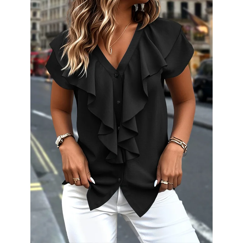 

[New Fashion Extended Style] Popular Plus Size Women's Blouse | Solid Color Button Patch Ruffle Loose Elegant