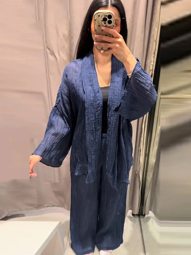 Women's Fashion Dark-Blue Pants Set Or Spring Autumn Female Long Sleeve V-Neck Bead Lace-Up Shirt Tops Or Lady Wide Leg Trousers