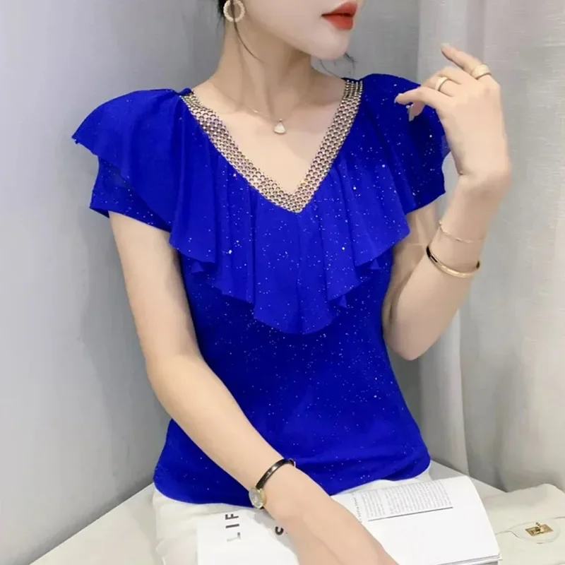 Elegant V-Neck Diamonds Hollow Out Ruffles Folds Blouse Female Clothing 2024 New Oversized Casual Tops Office Lady Shirt ZL742