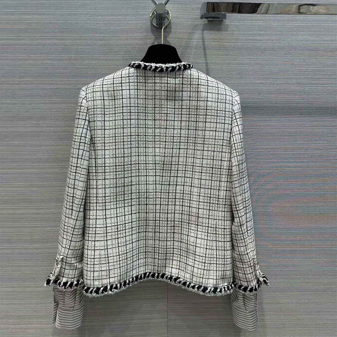 Runway Fashion Design Gold Thread Plaid White Tweed Jacket Women V-neck Long Sleeve Patchwork Silk Liner Vintage Sweet Coat