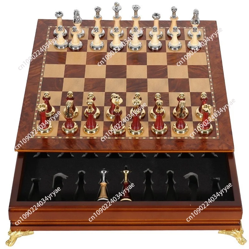 

Deluxe Classic Chess Set Wooden Chessboard Metal Imitation Jade Chess Pieces