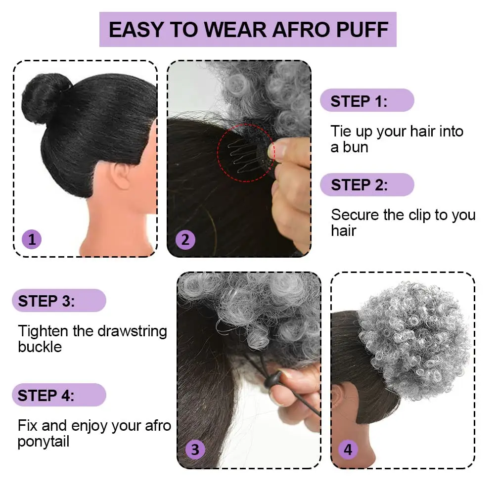 Syntetyczny szary Afro Puff sznurkiem przedłużanie kucyka dla czarnych kobiet krótkie Afro Kinkys kręcone Afro przedłużanie koka treski