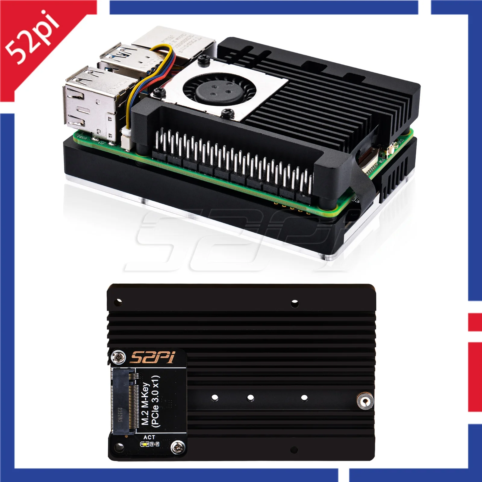 52Pi Armor Case with M.2 M-key PCIe3.0 x1 adapter for Raspberry Pi 5 Supports M.2 NVMe SSDs in 2230, 2242, 2260, 2280