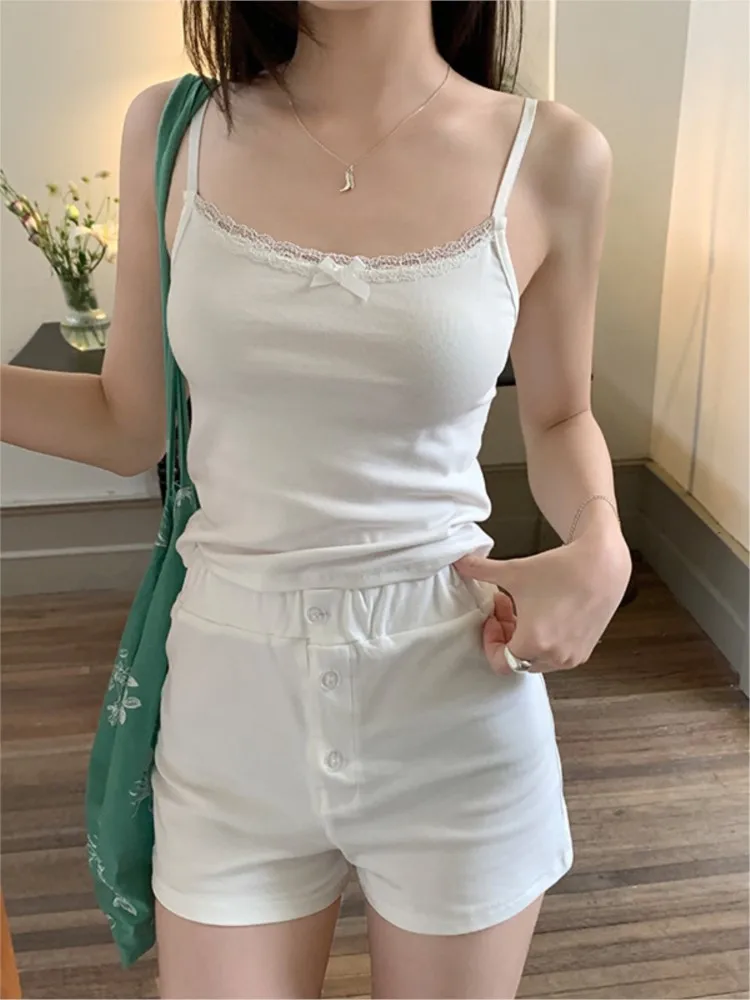 

2024 New Sweet Women Suit Lace Trim Bow White Camis Tank + Shorts Set Solid Vest Pant Slim Homewear Summer 2 Piece Set Cotton